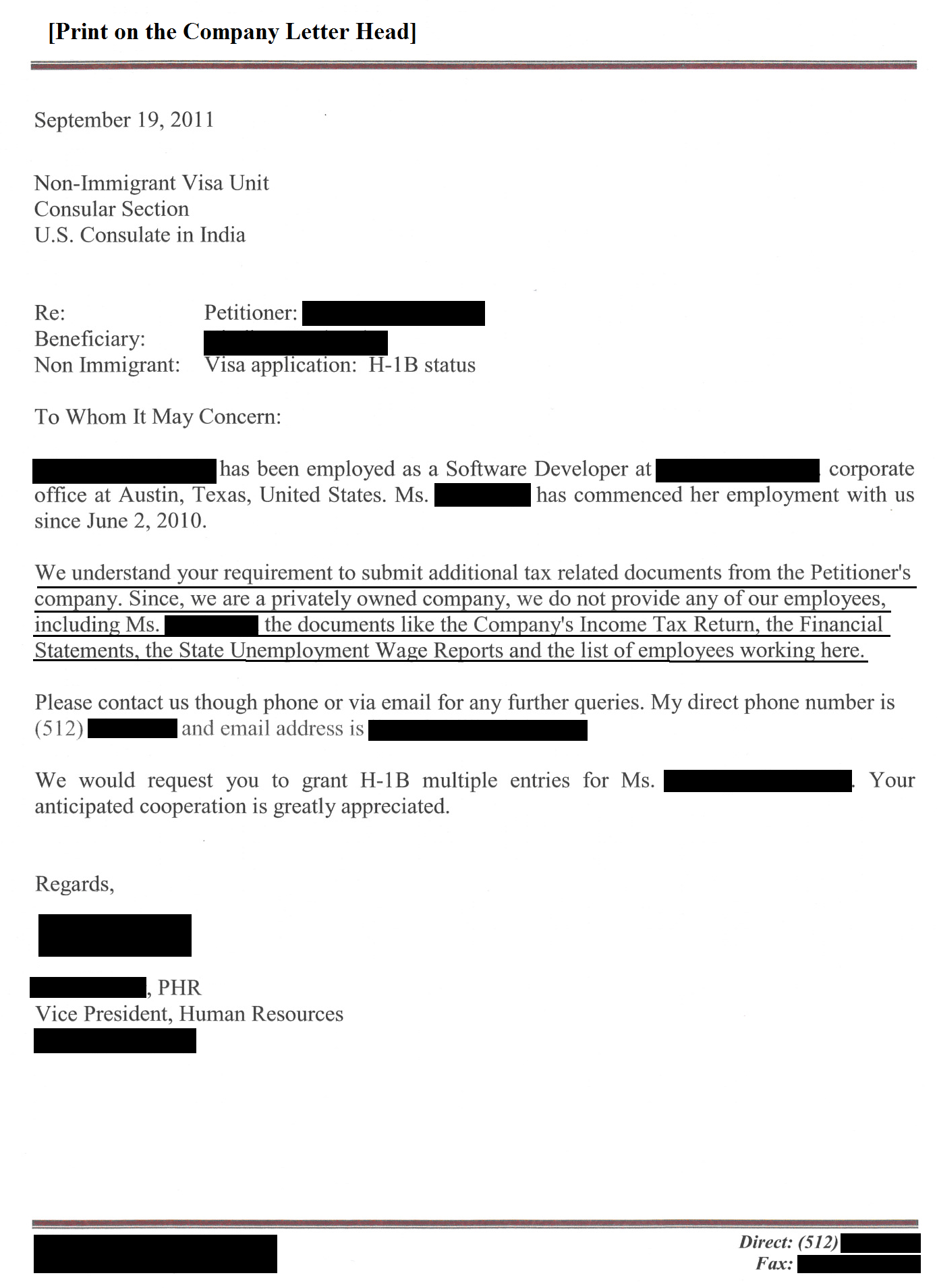 H 1B Visa Stamping Confidential Employer s Documents